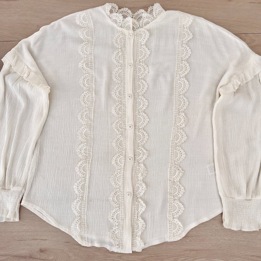 Blu Pepper Ruffly Lace Long Sleeve High Collar Retro Poetcore Button Up Top Sz M - Picture 11 of 15